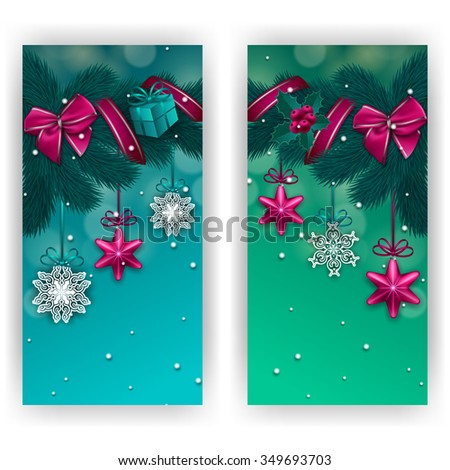 Set of New Year's cards - a garland of fir branches, bows, gift, ribbons, baubles, holly berries, stars for greeting, party invitation. Christmas festive blue background. Vector illustration EPS10.