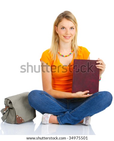 Young smiling  student woman. Over white background