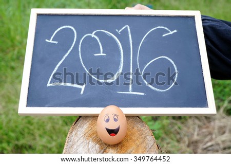 Expression facial style egg character with word 2016 on the blackboard and hand