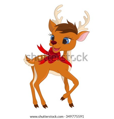 Cute Christmas reindeer with ribbon. Raster.