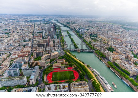 Beautiful aerial landscape view from the Eiffel Tower of Seine river across Paris, France