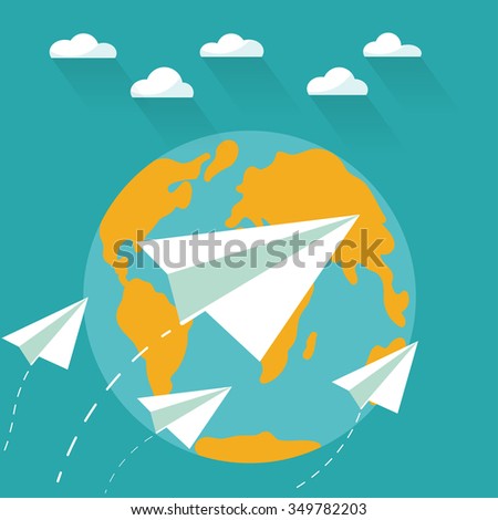 Flying paper planes on a blue sky with clouds over world map. Travel, vacation and holidays concept. Air mail, post letter, delivery service or e-mail vector concept 