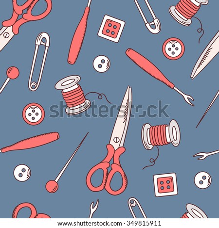 Seamless pattern with sewing tools, hand drawn icons. Colorful background vector. Fashion illustration with sketch objects set, profession clothier. Decorative wallpaper, good for printing