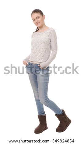 a pretty young woman standing on white background