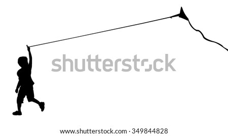 silhouette of running boy with flying kite. Vector illustration