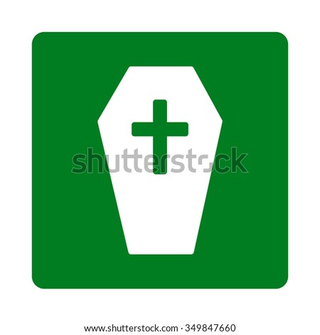 Coffin vector icon. Style is flat rounded square button, white and green colors, white background.