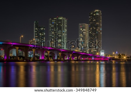 Miami Skyline from Venetian Way at night.