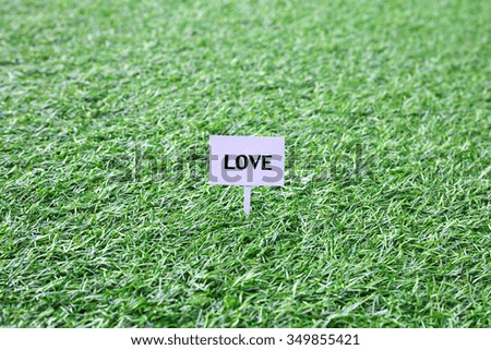 "LOVE" Sign on grass, green lawn, with space for caption, dreamy color