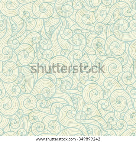 Seamless pattern with sea green spiral waves on a off-white background. Pastel color palette