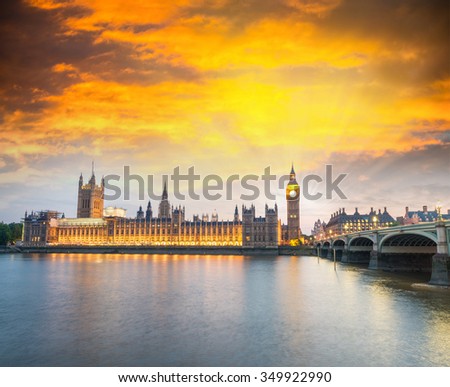 The Palace of Westminster at dusk, London, England, UK.