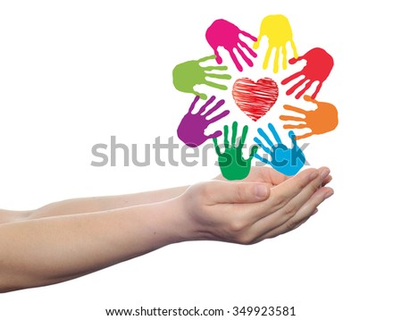 Concept or conceptual red heart symbol with child human hand prints spiral circle isolated on white background, metaphor to love, care, friendship, happy, family, protection, romantic or safety