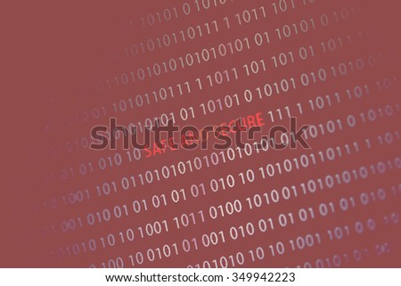 'Safe and secure' text in the middle of the computer screen surrounded by numbers zero and one. Image is taken in a small angle. Image has a vintage effect applied.
