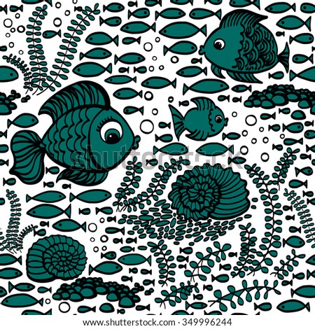 Blue hand drawn fishes. Sea world. Wallpaper textile seamless fish pattern. 