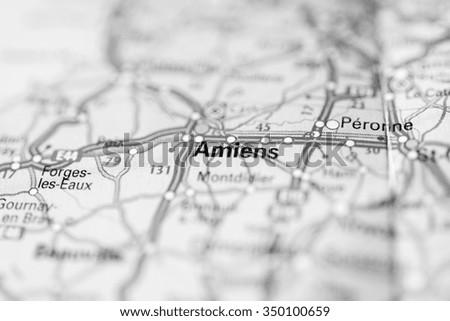 Macro view of Amiens, France on map. (black and white)
