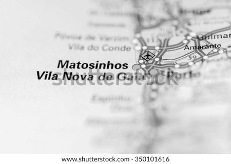 Macro view of Matosinhos, Portugal on map. (black and white)