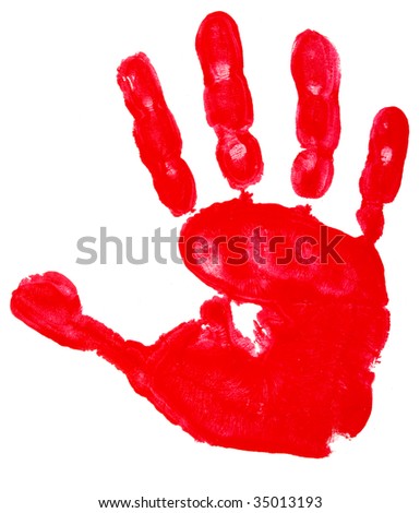 close up of colorful child hand prints  on white background