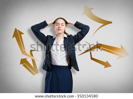 Thoughtful businesswoman with arrow thoughts coming out of her head