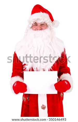 Santa Claus holding white blank sign Closeup Portrait. Isolated on White Background