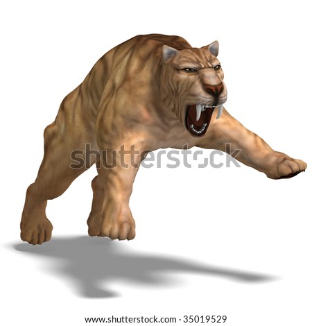 saber-toothed tiger. 3D render with clipping path and shadow over white