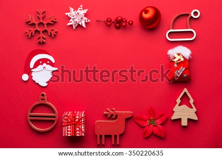 Christmas collection, gifts and decorative ornaments, on blue background. photographic montage. View from above