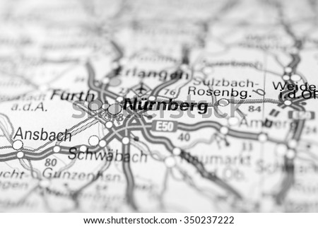 Macro view of Nurnberg, Germany on map. (black and white)