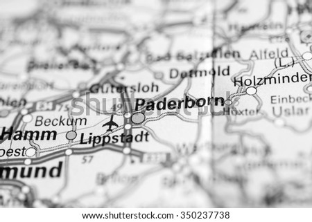 Macro view of Paderborn, Germany on map. (black and white)