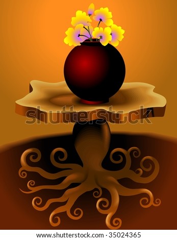 Digital   painting  of stand  and flower vase  in colour background	