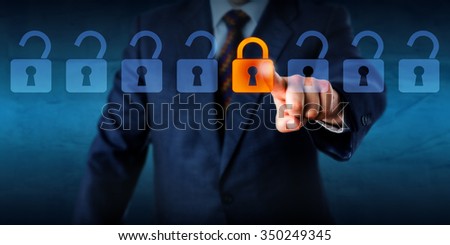 Torso of a manager is locking one virtual lock in a lineup of open padlocks. Business metaphor and technology concept for cyber security, critical data streaming, encryption and personal information. Royalty-Free Stock Photo #350249345