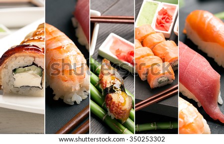 Traditional japanese sushi with fish and rice (collage) Royalty-Free Stock Photo #350253302