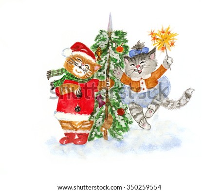 Happy cats with a christmas tree. Watercolor
