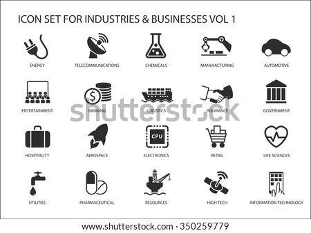 Business icons and symbols of various industries / business sectors like financial services industry, automotive, life sciences, resources industry, entertainment industry and high tech Royalty-Free Stock Photo #350259779