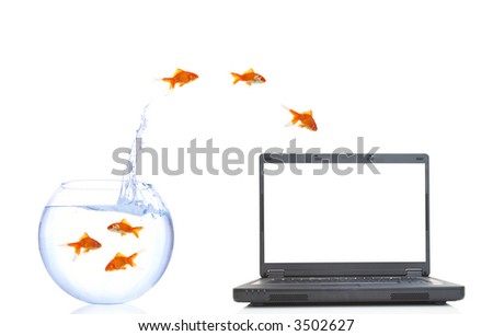goldfishes jumping from fish bowl to the laptop