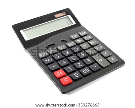 closeup single black digital calculator isolated on white background, electronic office supplies for calculating the numbers in business finance or mathematics education Royalty-Free Stock Photo #350276663