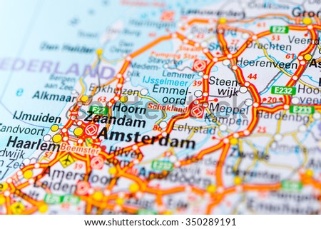 Macro view of Hoorn, Netherlands on map.