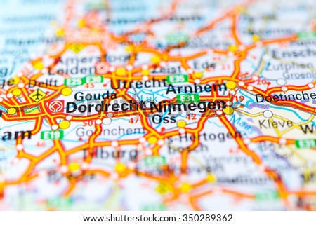 Macro view of Dordrecht, Netherlands on map.