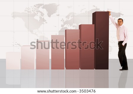 business column chart with a businessman next to it