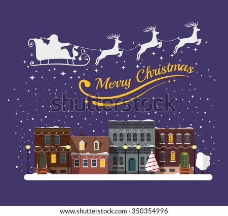 Christmas winter city street with small houses and trees and decorations on background. Santa Claus with deers in sky above the city. Flat style vector illustration.