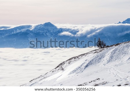 Fairy winter landscape of the snow-covered mountains. 