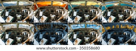 Cockpits collage in 8 famous location landmarks and board of an airplane at sunrise, sunset, day and night, with pilots arms and blank white papers for copy space