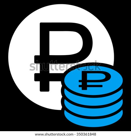 Rouble Coins vector icon. Style is bicolor flat symbol, blue and white colors, rounded angles, black background.