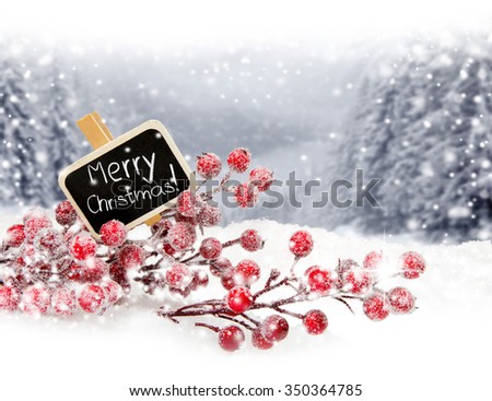 Photo of red Christmas branch with red baubles, falling snow and white space