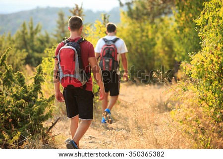 PIcture of a two hikers walking in the forest