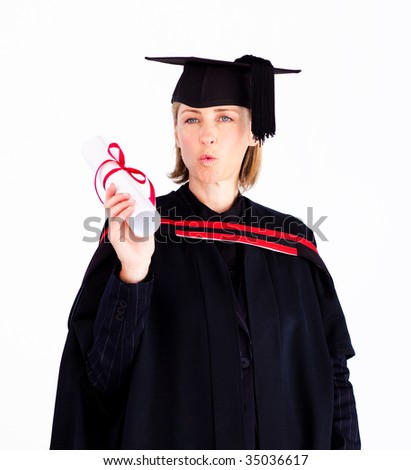Close-up of beautiful girl showing her diploma in front of the camera