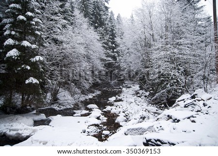 Waterfall in the mountain winter forest with snow covered trees and snowfall