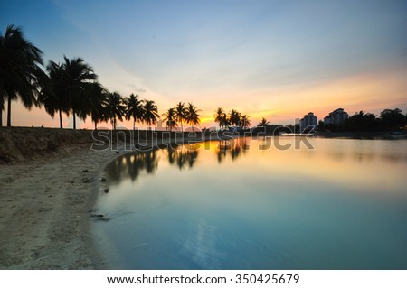 Beautiful silhouette of coconut trees at seaside. Nature composition.