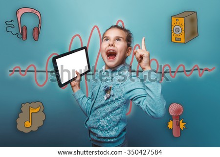 Teen girl raised her index finger up and shouting holding a hand of a tablet sound wave music radio sketch symbol