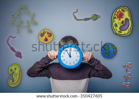 Teen boy covered his face with a clock icon set Education biology of the parasite cell embryo formation