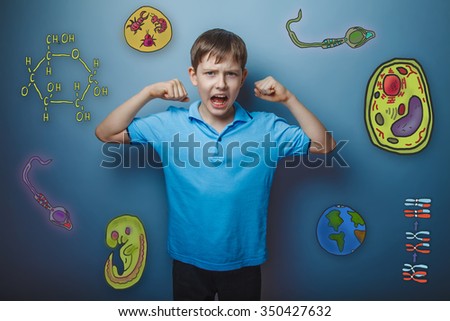 Teen boy screaming and showing hands the power icon set Education biology of the parasite cell embryo formation