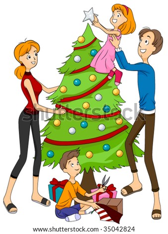 Family Decorating Christmas Tree - Vector