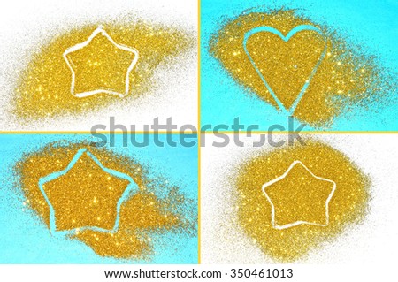 Set of four holiday backgrounds with golden glitter sparkle on white and blue surfaces